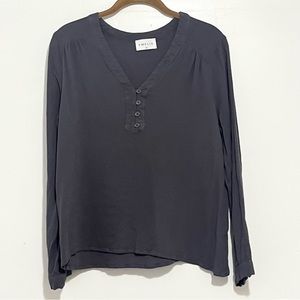 EMELIA Women V-Neck Henley Blouse 100% Rayon Heather Gray Long Sleeve Medium